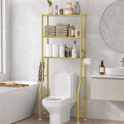GloTika 3-Tier Over Toilet Storage, Anti-Tilt, 64" H, Black | Anti-Tilt Safety System, 150lb Capacity, Carbon Steel, Freestanding, No Drilling, Anti-Rust Coating, Paper Holder & 4 Hooks