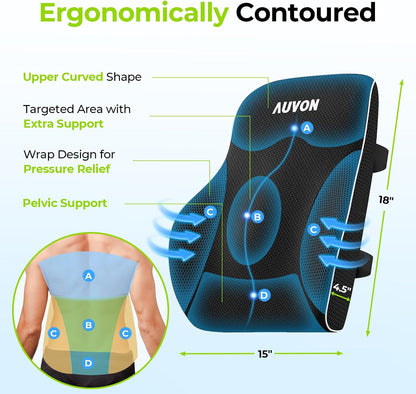 AUVON Office Lumbar Support Pillow with Patented Bulge for Back Support | Ergonomic Office Home Essentials Improve Posture, Memory Foam Chair Cushion for Home, Office, Car, Mesh Cover, Double Straps