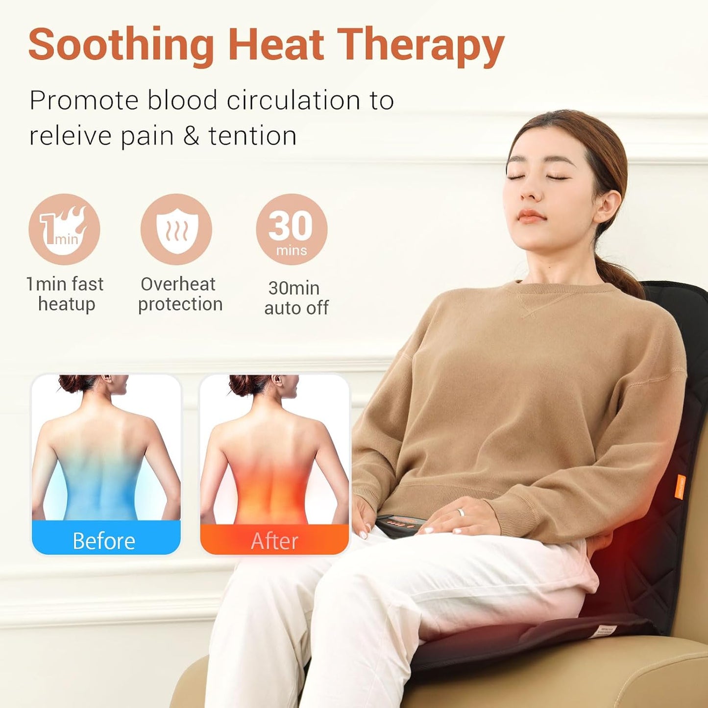 CARSHION Upgraded Length,10 Vibration Motor,Back Massager Cushion with Heat | Heated Seat Cover Massage Cushion for Pain Relief for home