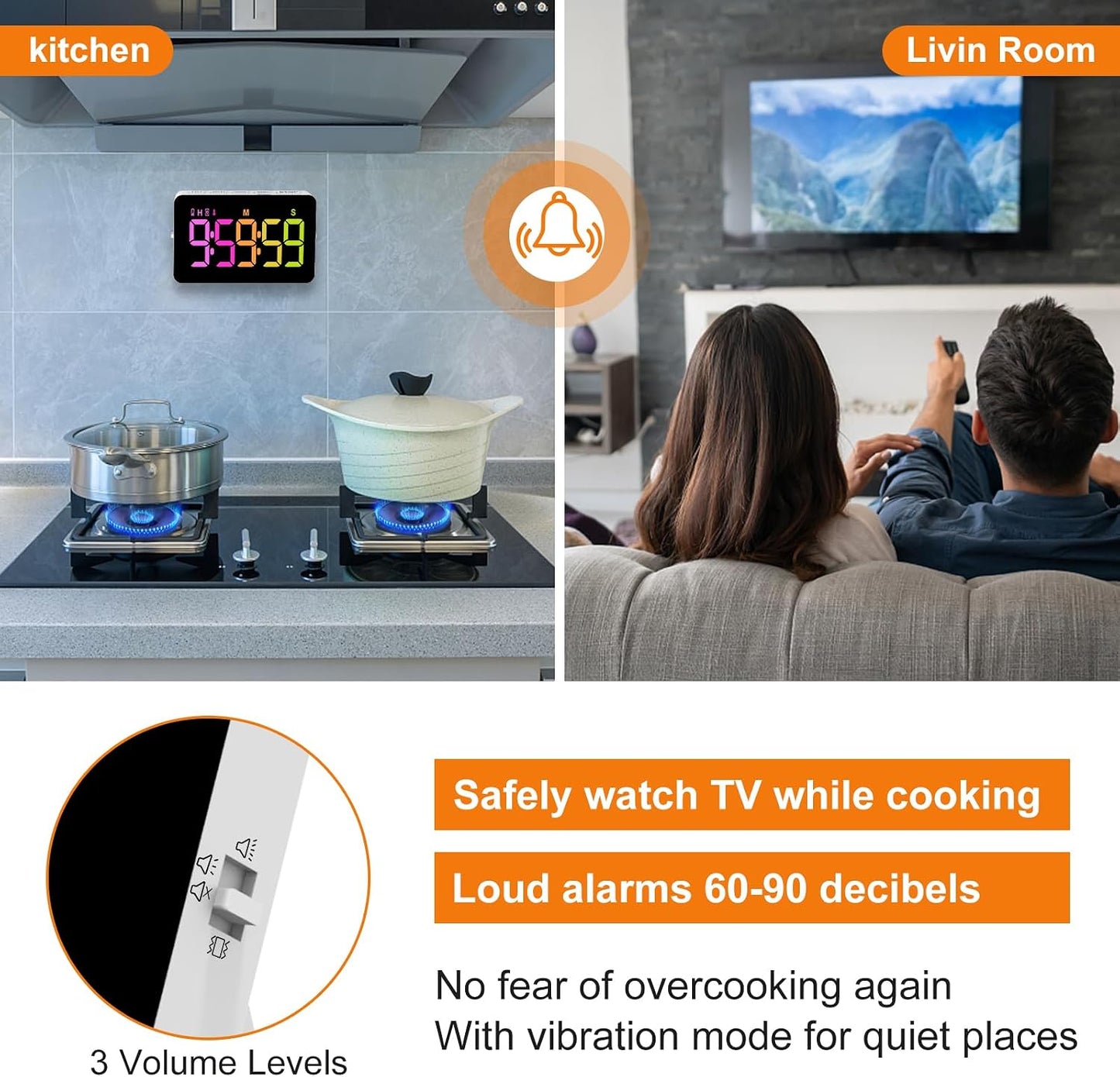 PERSUPER Kitchen Digital Timer, Count Down Up, Rechargeable, Vibration Mode | Adjustable Volume and Brightness LED Display, Time Management Cook, Desk, Kids Adults Study Teaching, Kitchen Gadgets RGB ﻿