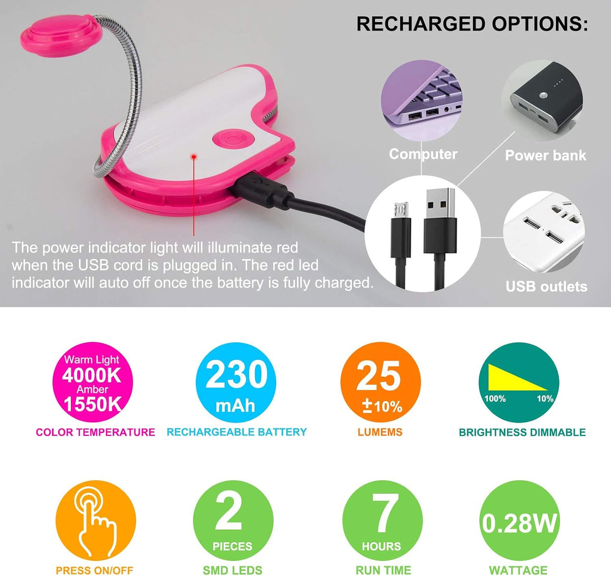 BIGMONAT Rechargeable Reading Light for Kids,Small Amber Book Reading Lights,Multi Colors Portable LED Reading Lamp with 360° Rotary Light Neck,Wireless Clip Reading Lighting for Books (Green)