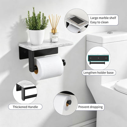 Gypie Marble Toilet Paper Holder with Shelf, Wall Mounted Matte Black | Stainless Steel Tissue Roll Paper Holder Dispenser for Bathroom Washroom