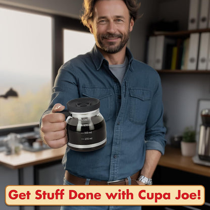Funwares Cupa Joe Gift Set, 20 oz Glass Coffee Mug + Electric Mug Warmer | Keeps Coffee Hot All Day, One-Touch Warmer with Auto Shut-Off, Spill-Proof Lid, Borosilicate Glass, Desk & Office Gift