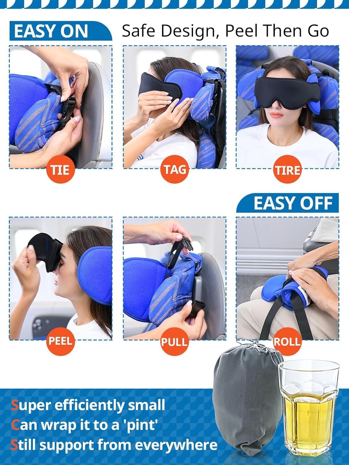 SARISUN Travel Pillow with Chin Strap, Stable Head Support for Long Flight