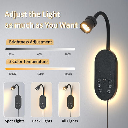LED Wall Mounted Reading Light for Bed, Book Light for Reading with Touch Control, Stepless Dimmable, Flexible Gooseneck Bed Light with USB C+A, Night Light & Timers Function (White)