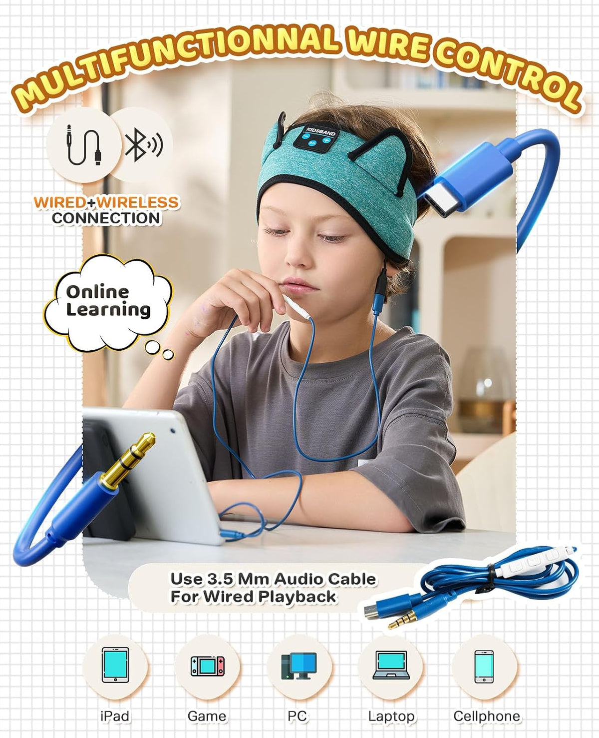 KIDSBAND Kids Bluetooth Headphones, Sleep Headband [Wireless & Wired Playback 2in1] Foldable Headphones for School/Travel/Tablet/Sleep