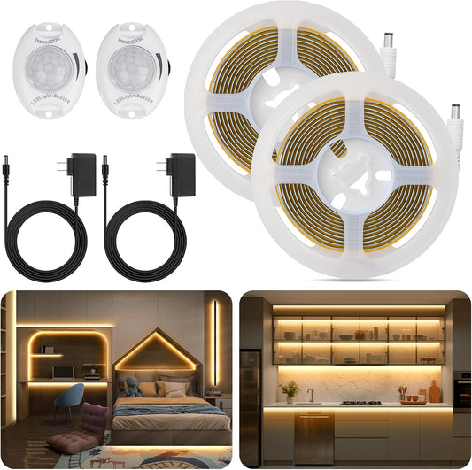 Under Bed Lights Motion Sensor COB Strip, 2-Packs 6.56Ft Warm White