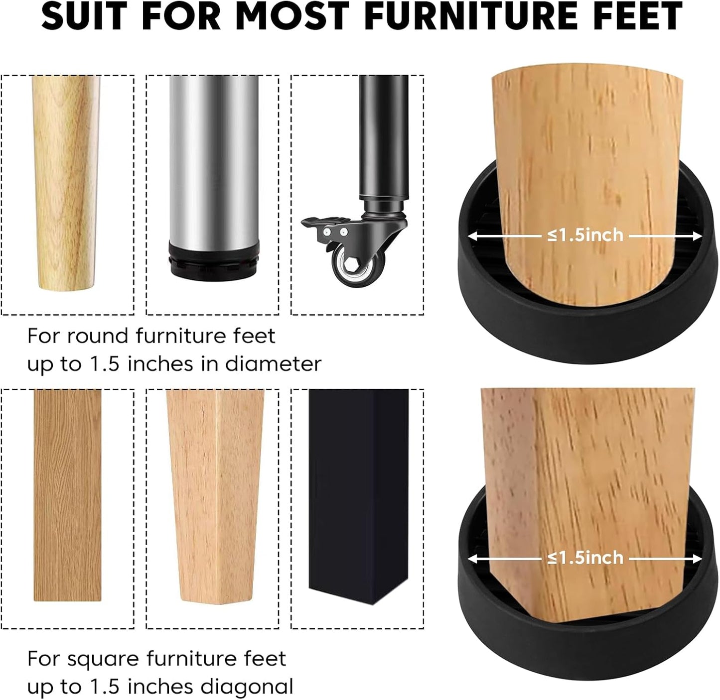 Rubber Non-Slip Furniture Pads, 2"x2" Casters Cup, Round, Brown, 8 PCS | Rubber Feet Floor Protector For Hardwood Floors, Prevent Scratching of The Floor, For Bed Sofa Table and Chair, Stopper