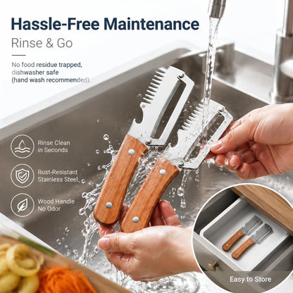 2Pcs Vegetable Peeler with Wooden Handle, Odor-Free Stainless Steel Multi Functional Vegetable Cutter, 2-in-1 and 3-in-1 Kitchen Tool with Scallion Shredder and Bottle Opener for Cooking and Camping