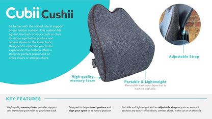 Cubii Cushii V2 Back Support Cushion for Back and Lower Back Pain Relief Universal Fit for Desk, Office, Kitchen Chairs, Couch Cushions with Advanced Lumbar Support