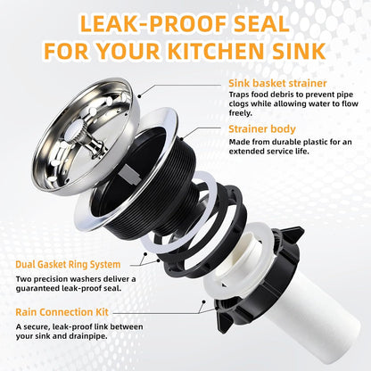 Kitchen Sink Drain Assembly, Basket Strainer with Knob, 3-1/2 Inch Sink Drain Stopper Plug, Threaded Plastic Sink Strainer Tailpiece 1-1/2 in