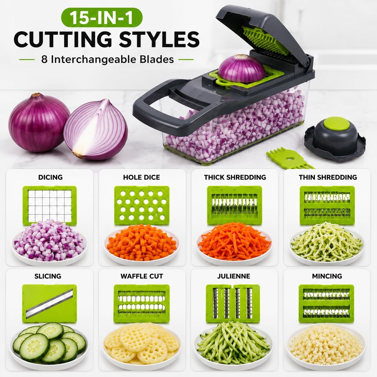 15-in-1 Vegetable Chopper and Mandoline Slicer, Onion Dicer with 8 Interchangeable Stainless Steel Blades, Food Container, Drain Basket, Safety Holder and Cleaning Tool for Fruits and Vegetables