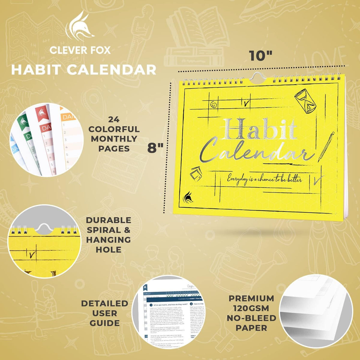 Clever Fox Habit Tracker Calendar, 24-Month Daily Goal Journal Black