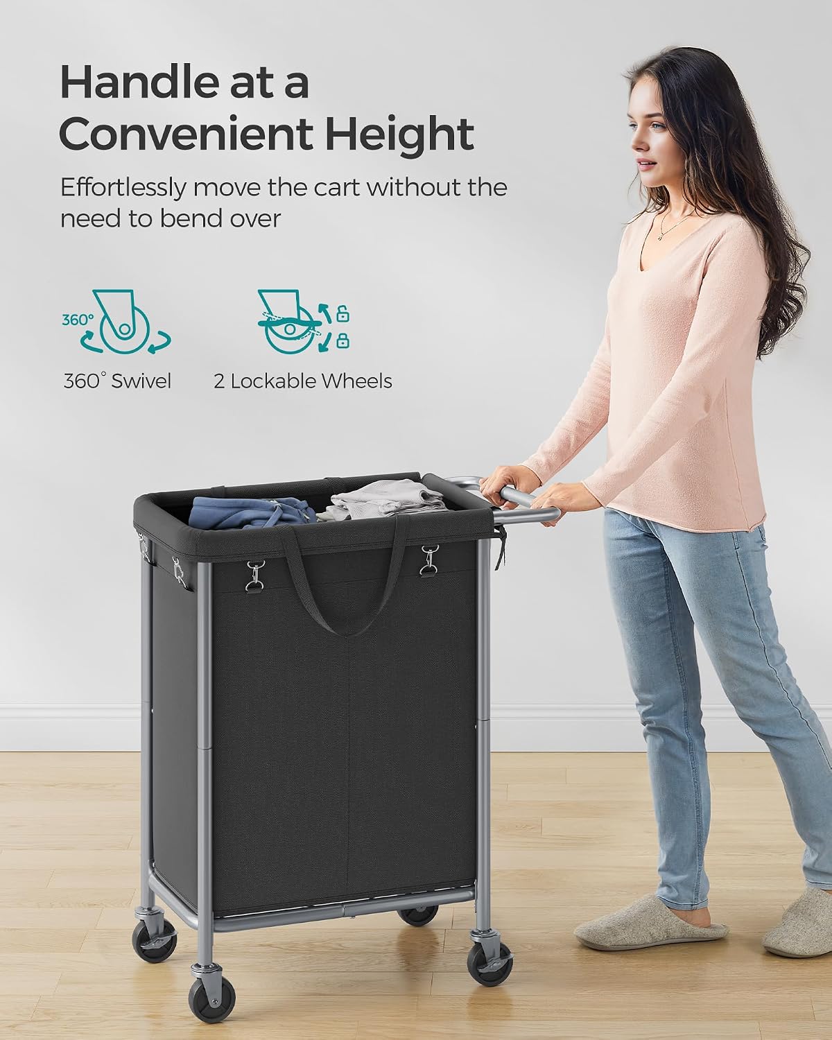 SONGMICS Laundry Basket with Wheels, 4-Section Rolling Laundry Hamper, 68.6 Gallons (260 L), Removable Liner, Steel Frame with Handle, 43.3 x 15.4 x 31.9 Inches, Cream White URLS014W01