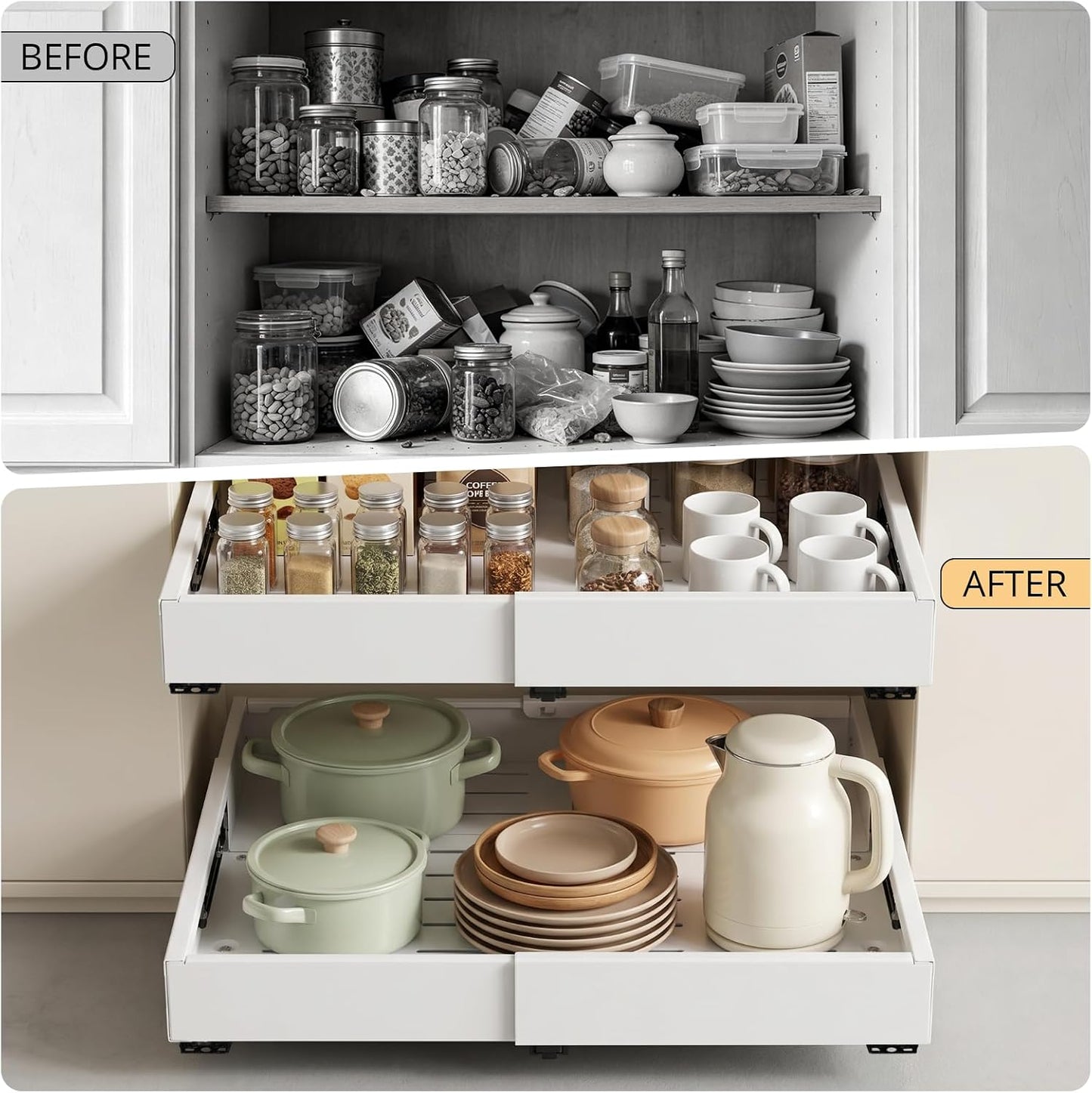 DOMNIU Pull Out Cabinet Organizers Expandable,White,16.9"Depth,2 Pack | Slide Out Drawers for Kitchen, Bathroom, Pantry, Under Sink Storage, Fixed with Adhesive Nano Film (11.6''-17.5'')