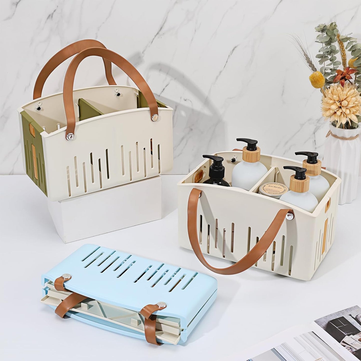 Portable Shower Caddy Collapsible Plastic Shower Basket Tote with Handles Removable Divider, Cleaning Caddy Storage Organizer for Bathroom College Dorm (White)