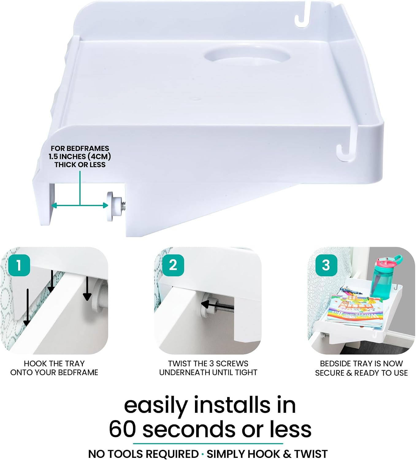 Modern Innovations 2 Count Bedside Organizer for Bed – Clip On Tray with Cup & Cord Holder – for College Dorm, Top Bunk, or Kids Bedroom (White)