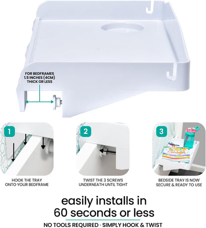Modern Innovations 2 Count Bedside Organizer for Bed – Clip On Tray with Cup & Cord Holder – for College Dorm, Top Bunk, or Kids Bedroom (White)