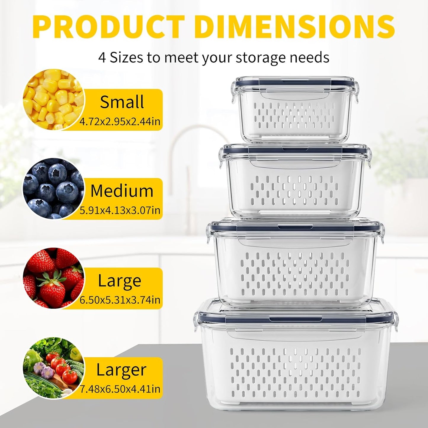 Berry keeper Fruit Storage Containers for Fridge with Removable Colander | 4 in 1 Food Storage Containers with Lids, Dishwasher Safe Easy to Clean, Keep Strawberry and Other Fruit Fresh Longer, 4PCS