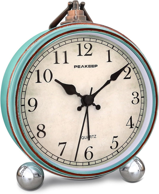 Peakeep 4" Small Battery Operated Antique Retro Analog Alarm Clock | with Contour Lines in Gold for Room Decor, Silent Elegant Bedside Desk Table Gift Clock