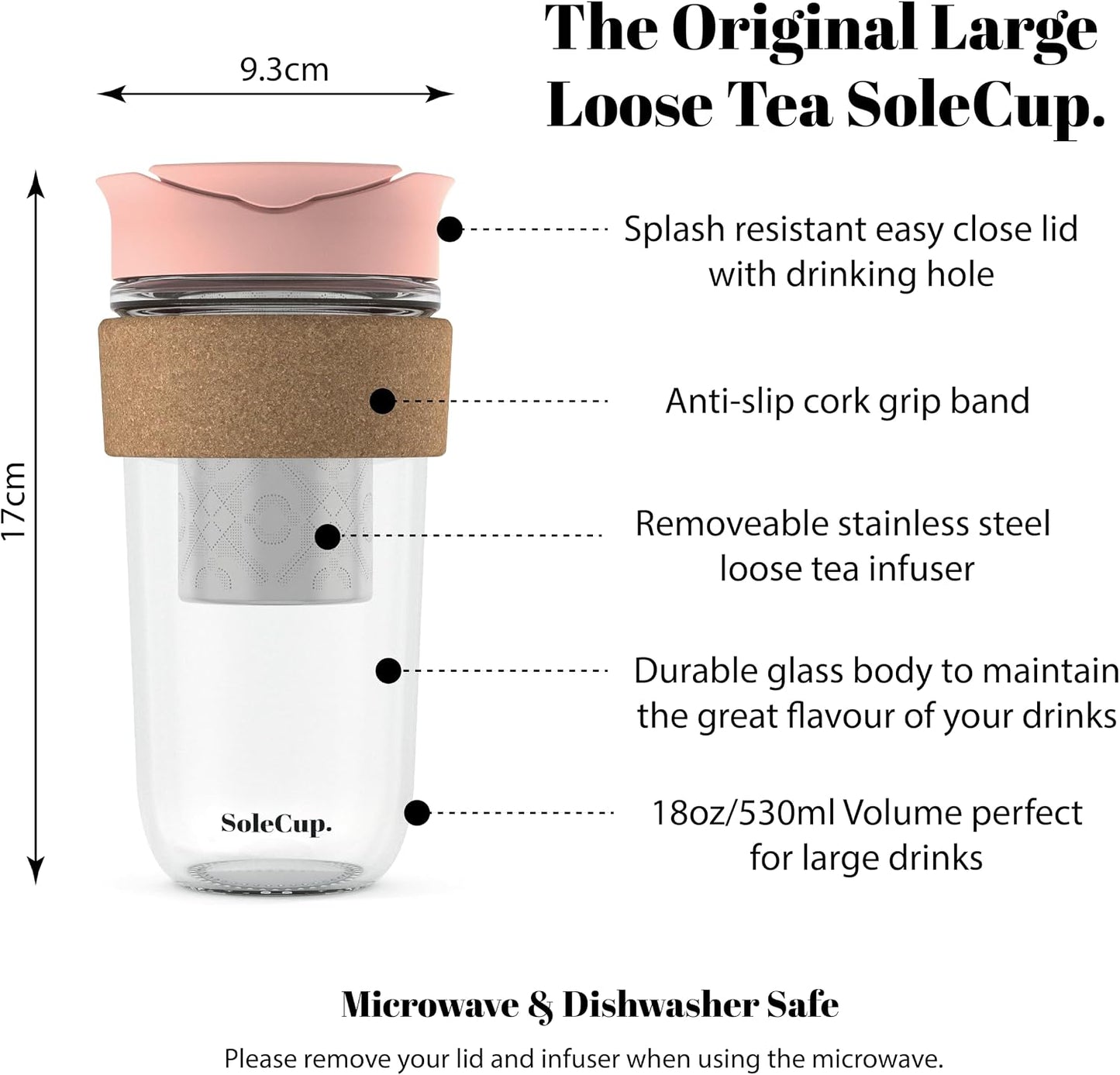 Large Travel Mug Loose Tea Infuser - Detachable Tea Strainer with Spill Proof Lid - 18oz/530ml BPA-Free Reusable Glass Travel Coffee Cup with Cork Band (Pink, 18oz)