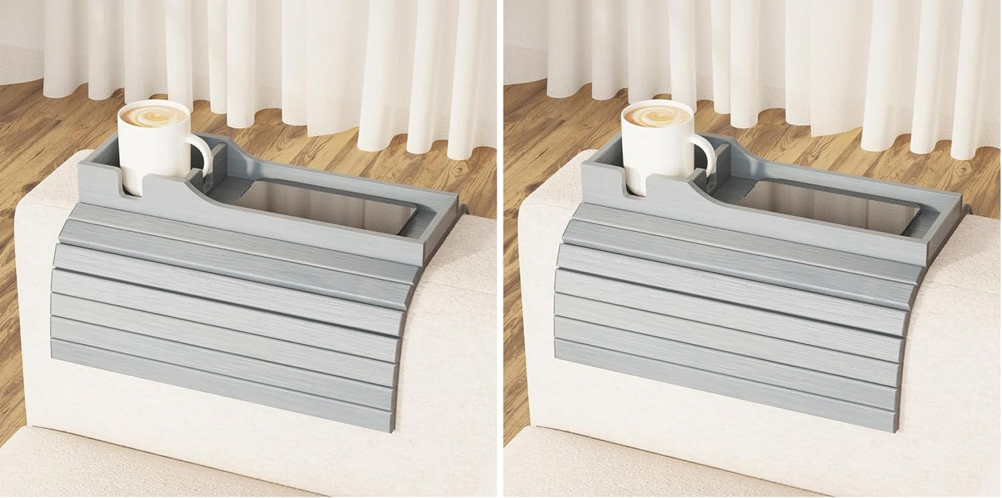 SpaceAid Bamboo Couch Cup Holder, Anti Falling Foldable Sofa Armrest Tray with Cup Holder, Couch Arm Side Table Organizer for Drink Cup Remote Snacks (Natural)