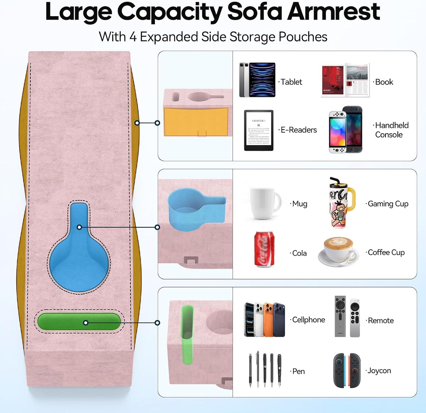 Removable Sofa Armrest Couch Caddy with Cup Holder Insert Between Cushions | Sofa Accessories Storage, Couch Armrest Pillow Table with Drink Holder