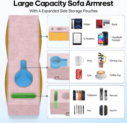 Removable Sofa Armrest Couch Caddy with Cup Holder Insert Between Cushions | Sofa Accessories Storage, Couch Armrest Pillow Table with Drink Holder