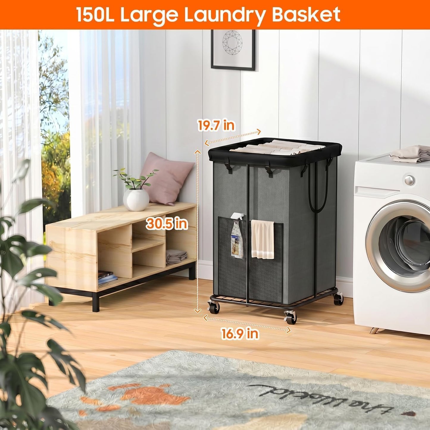 Laundry Hamper with Wheels, 150L Rolling Laundry Basket with Bag & Handles | Sturdy Metal Frame | Removable Bag | Large & Tall Dirty Clothes Hampers for Laundry Room, Bedroom, Dorm, Bathroom-Black