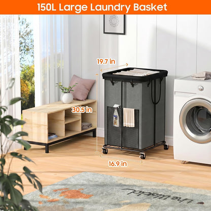 Laundry Hamper with Wheels, 150L Rolling Laundry Basket with Bag & Handles | Sturdy Metal Frame | Removable Bag | Large & Tall Dirty Clothes Hampers for Laundry Room, Bedroom, Dorm, Bathroom-Black