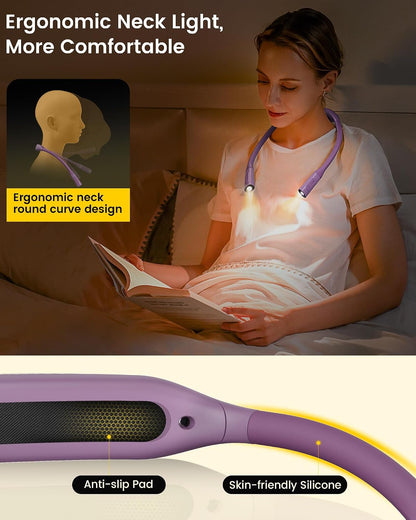 Glocusent Neck Book Light, Rechargeable Neck Lights for Crafts Reading | 1200mAh, Hands Free, 5 Colors, 5 Brightness, Lightweight, Book Lovers Gifts, Ergonomic, Bendable, Knitting, Repairing, Reader