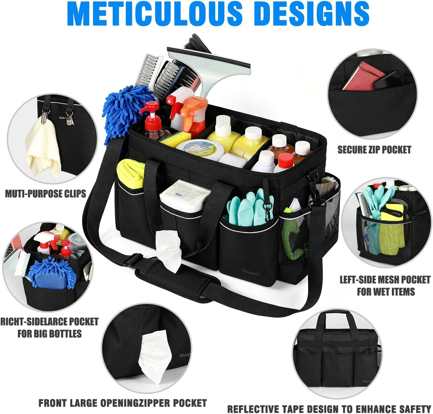 Wearable Cleaning Caddy Bag, Cleaning Caddy Supplies Organizer with Handles for Cleaners & Housekeeper, Under Sink & Car Cleaning Tool Organizers Bag with Adjustable Shoulder Strap&Waist Belt