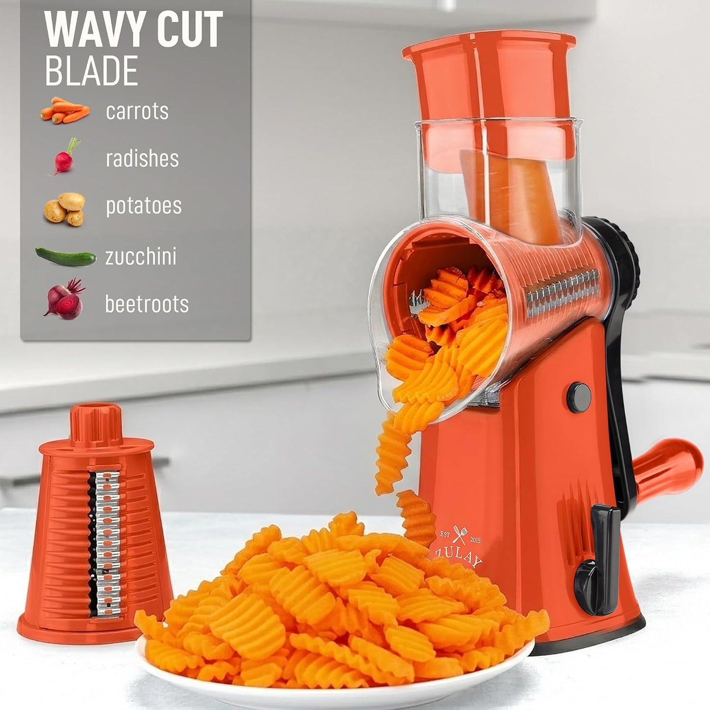 Zulay Kitchen Rotary Cheese Grater 5 Blade Cheese Shredder - Manual Hand Crank Cheese Grater With Reinforced Suction & 5 Interchangeable Drums - Easy to Use, Vegetable Chopper Round Mandoline Slicer - Colors B