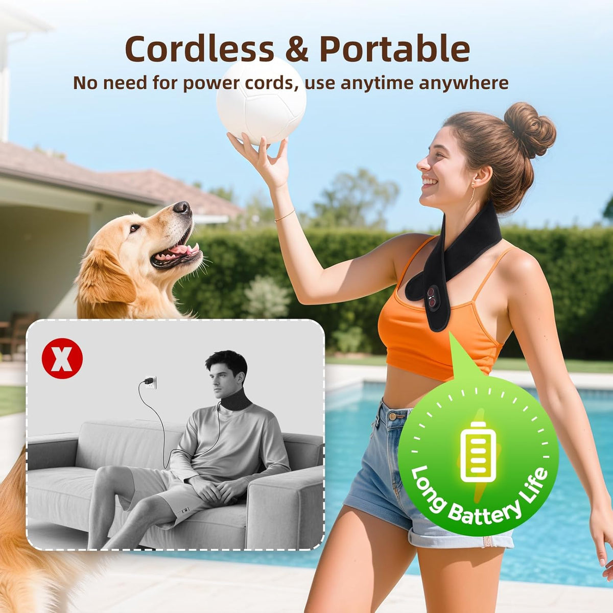 Cordless Neck Heating Pad for Pain, Neck Massager with 660nm 850nm Red Light, Heated Neck Wrap with 3000mAh Rechargeable, 3 Levels Heat & Massage, Black