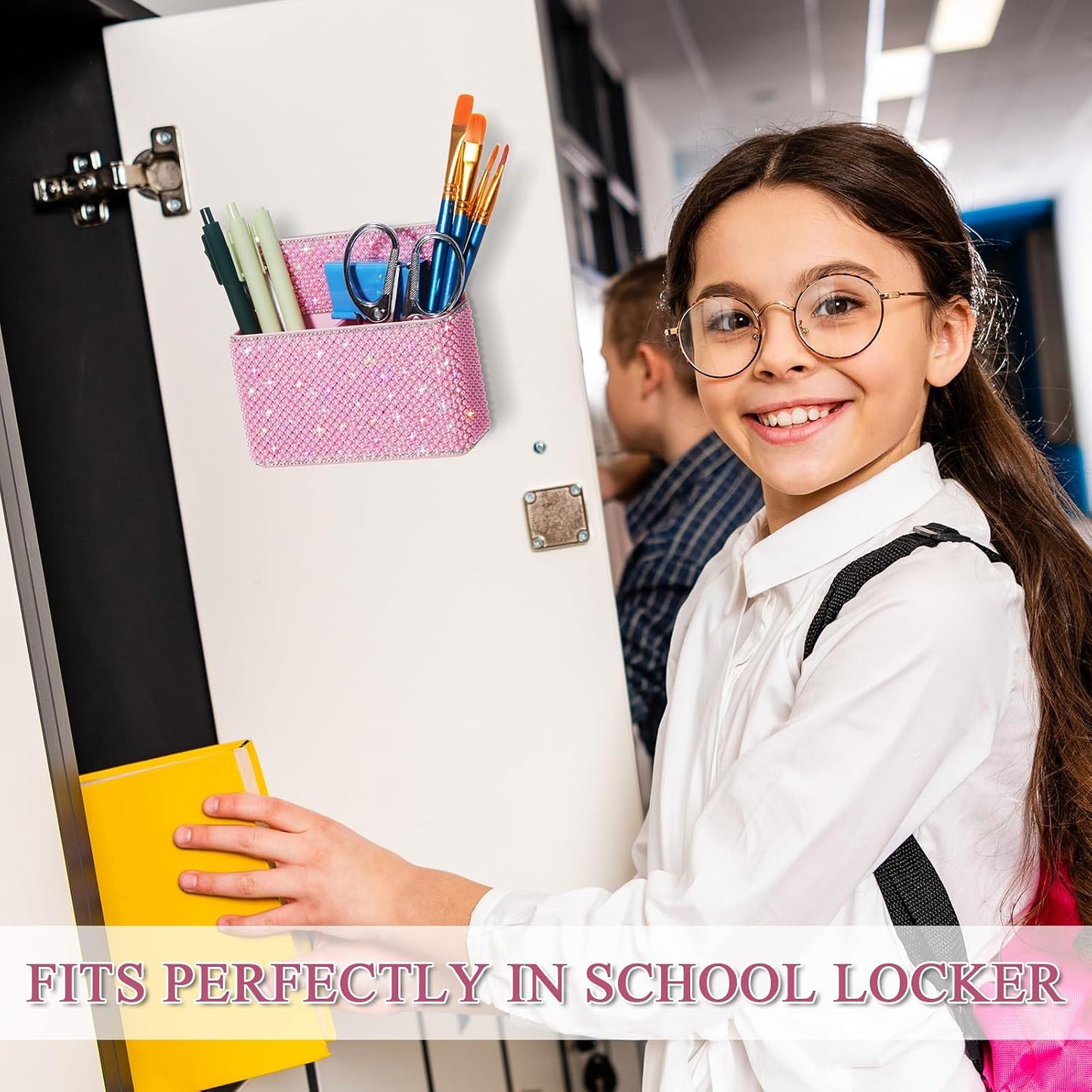 MotiMind Purple Locker Accessories for Girls, Bling Magnetic Pen Holder for Refrigerator, Back to School Rhinestone Marker Holder for Locker, Sparkly Gift for Student (Medium,Rhinestone)