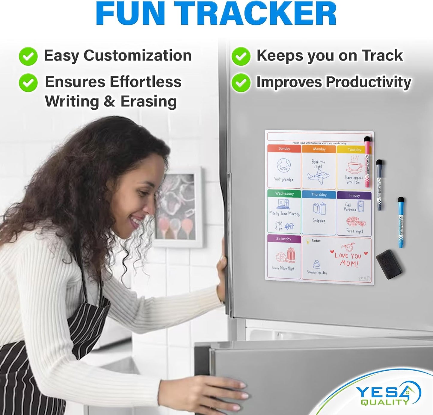 Magnetic Dry Erase Calendar 16x12 for Fridge with 3 Markers & Eraser | Strong magnetic dry erase calendar keeps schedules, meals and family plans organised on your fridge.