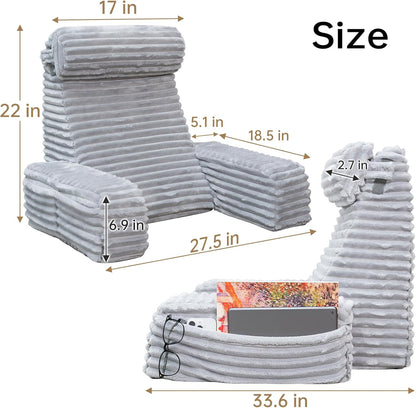 ENITYA 22" XL Back Pillow for Bed Sitting Up with Armrests & Big Pockets | Reading Pillow for Bed, Soft Back Support Chair, Ideal for Watching TV, Gaming, Nursing, Resting, Post Surgery, Dark Grey