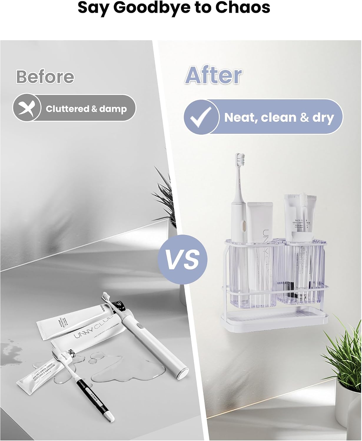 Clear Toothbrush Holders for Bathroom, 2 Cups Wall Mounted, Dry & Wet Separation, Organizers and Storage Set for Family Kids
