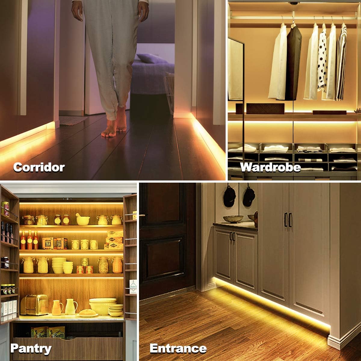 Motion Activated LED Strip Lights,RGH LIGHTING 16.4ft LED Light Strip with Day or Night 2 Lighting Modes,3 Timing Off Modes,Cozy Warm White 12v Plug-in LED Rope Lights for Under Cabinet,Kitchen,Stair