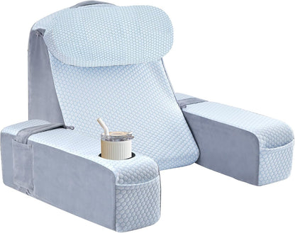 21 INCH Reading Pillow for Adults, Back Pillow for Bed Sitting Up, Backrest Pillow for Sitting in Bed, Detachable Arms with Built-in Cup & Phone Caddy (Gray, 21 INCH)
