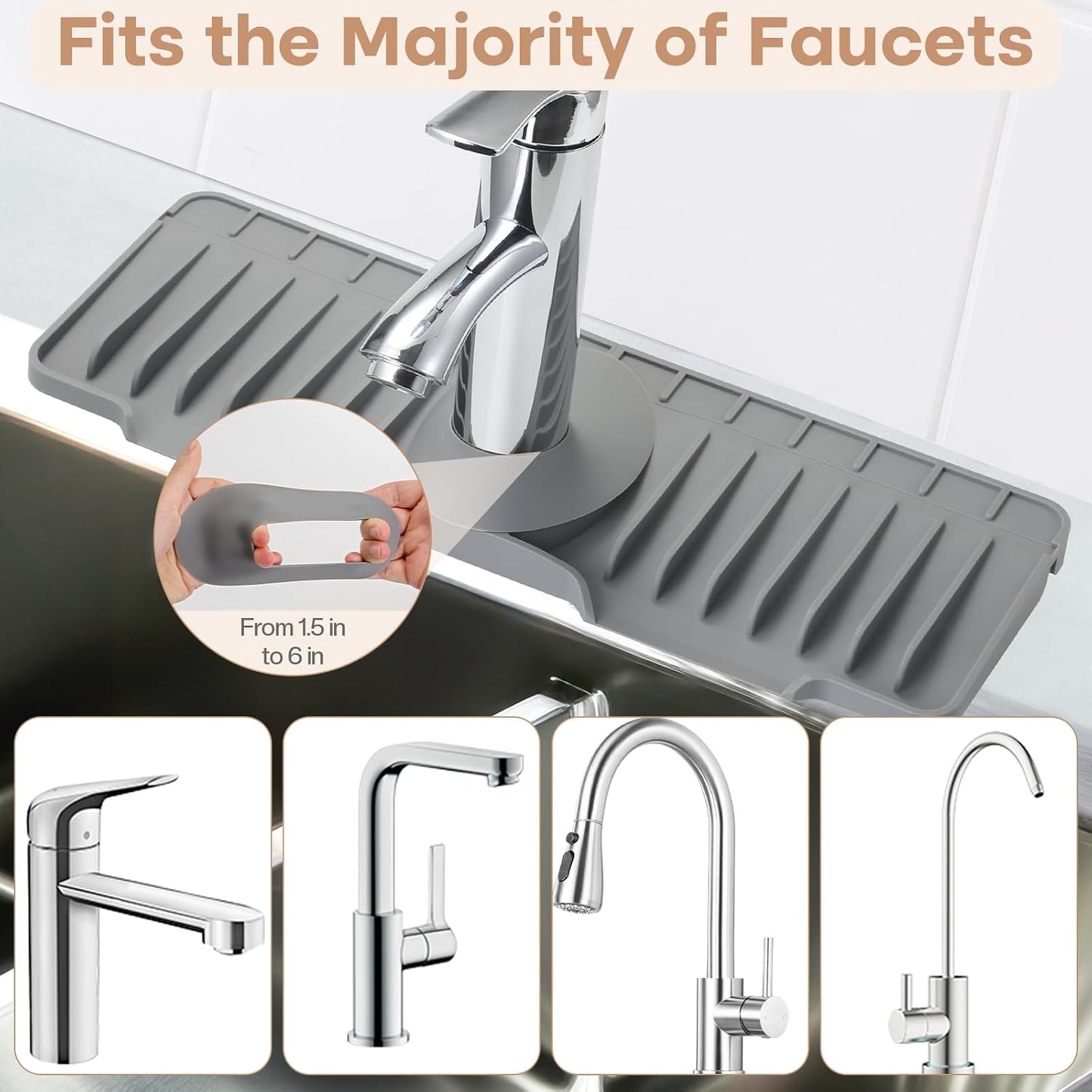 15.75 Inch Kitchen Sink Faucet Mat, Sink Protector&Splash Guard | Silicone, 10°Slope, Fast Self-draining, Snap Lock Fit, for Kitchen and Bathroom Countertop -15.75"x 5.51"