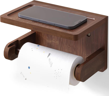 VERTORGAN 1 Pack Bamboo Toilet Paper Holder with Phone Shelf(Brown) | Bathroom Tissue Holder,Wall Mounted Rack,Space-Saving Organizer,Phone Shelf Stand,Easy Installation,Toilet Paper Rack