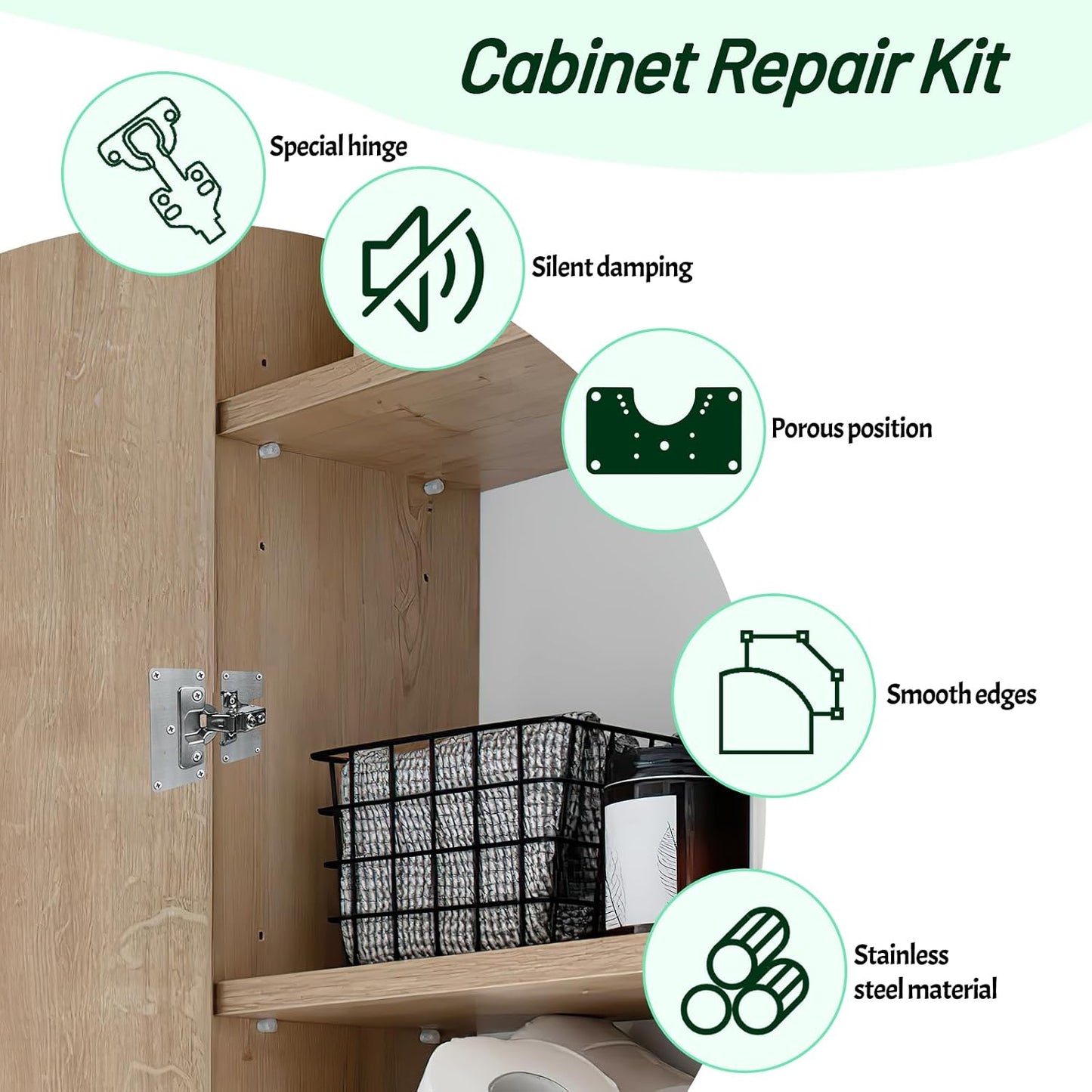 2 Pcs Cabinet Door Hinges, Cabinet Hinge Repair Plate Kit Fix Loose Sagging Cabinet Doors,Hinge Repair Plates for All Home Cabinets,Door Repair Kit Include(4 Repair Panels+2 Hinges+26 Screws) (1)