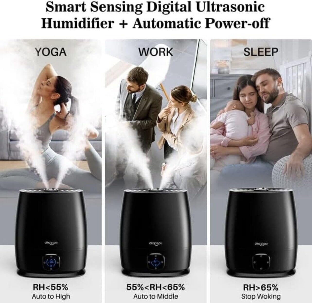 Okaysou Humidifiers, 6L Smart Humidifier and Diffuser for Bedroom Large Room W/Remote Control, Filterless, 50 Hour Top Fill Cool Mist Humidifiers with Humidistat for Babies, Plant, Sleep Mode, Timer