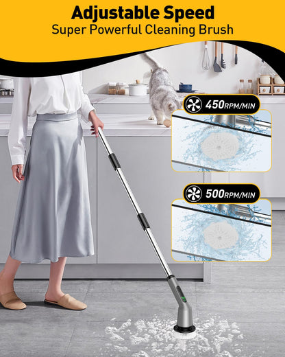 Electric Spin Scrubber for Bathroom, Shower Scrubber with Long Handle | Shower Cleaner Brushes, IPX7 Waterproof & 2 Speed, 3 Brush Heads, 90min Runtime, Bathroom Cleaning Supplies for Toilet Tub