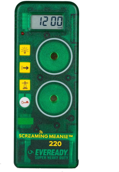 Screaming Meanie 220 Alarm Clock & Time for Deep Sleepers, Black | Extremely Loud Multi-Purpose Clock with three adjustable alarm volume levels (70, 90, and 120 dB), includes 9V battery.