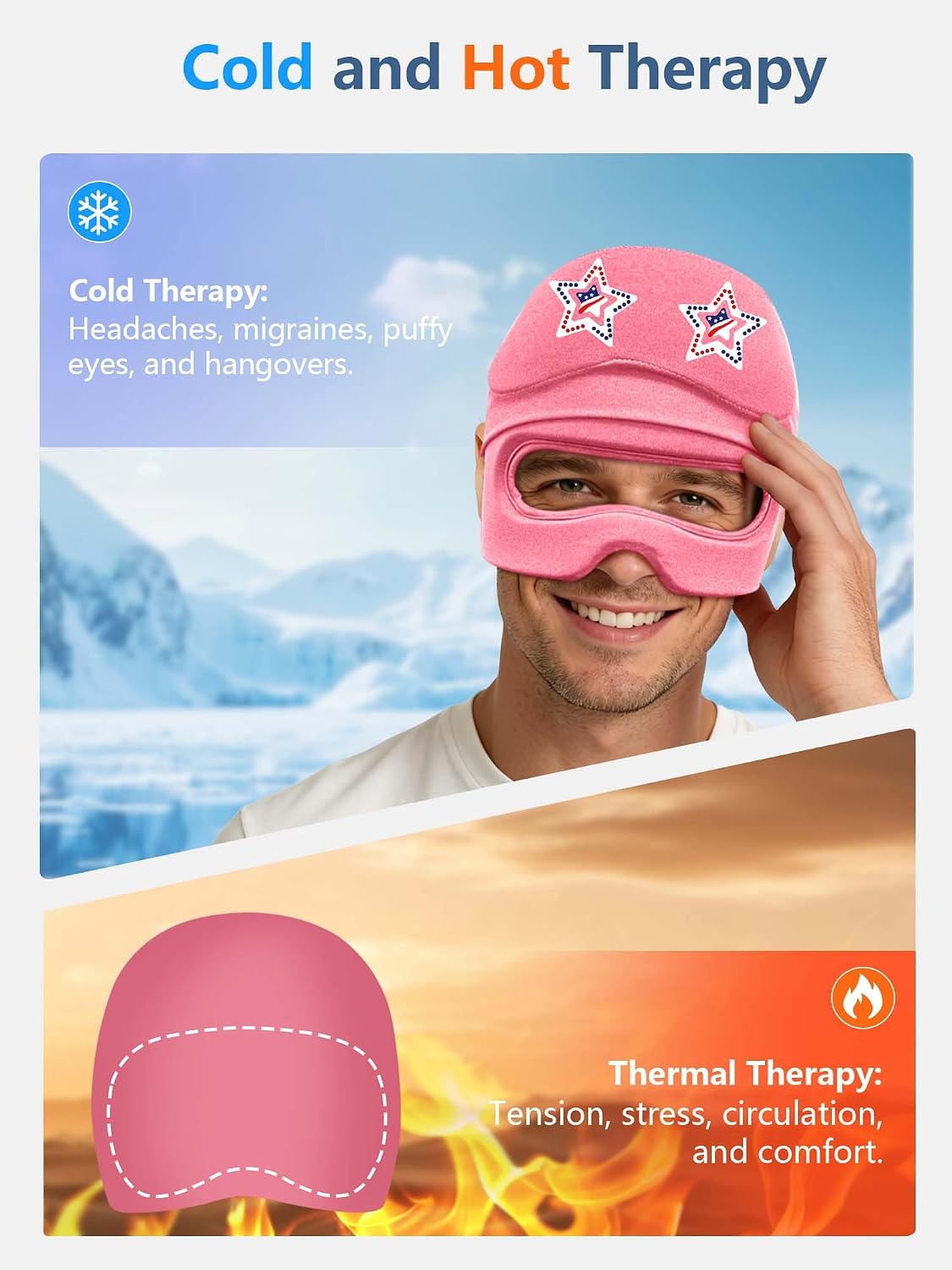 Migraine Relief Cap with Slide-Up Eye Mask, Headache Relief Ice Hat | Compression Head Face Ice Pack, Reusable Hot & Cold Gel Wrap for Hangover, Stress, Tension,Puffy Eyes, for Men Wemen Gift