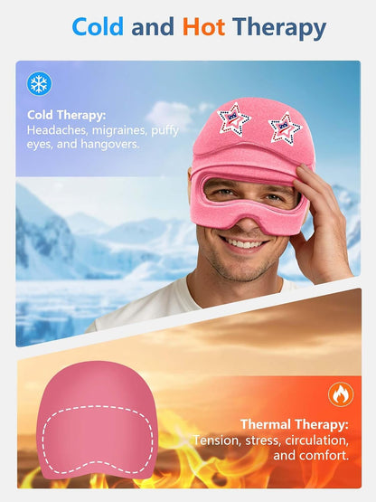 Migraine Relief Cap with Slide-Up Eye Mask, Headache Relief Ice Hat | Compression Head Face Ice Pack, Reusable Hot & Cold Gel Wrap for Hangover, Stress, Tension,Puffy Eyes, for Men Wemen Gift