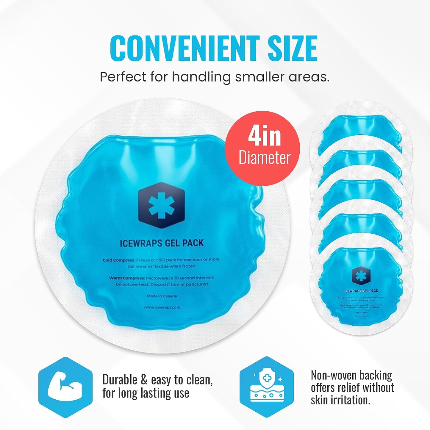 ICEWRAPS 4 inches Round Reusable Ice Packs with Cloth Backing, 5-Pack Blue | Easy to Use Hot and Cold Gel Pack, Flexible Cold Packs, Leak-Resistant, Sensitive Skin Safe, Made in Canada, FSA-HSA Eligible