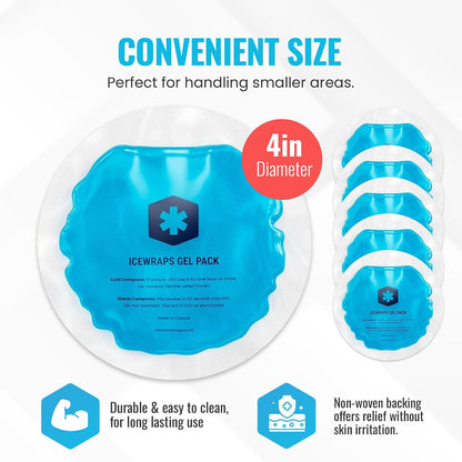 ICEWRAPS 4 inches Round Reusable Ice Packs with Cloth Backing, 5-Pack Blue | Easy to Use Hot and Cold Gel Pack, Flexible Cold Packs, Leak-Resistant, Sensitive Skin Safe, Made in Canada, FSA-HSA Eligible